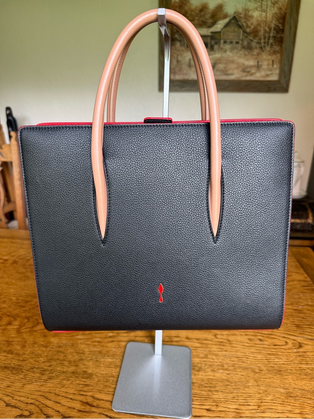 Christian Louboutin Paloma Black Studded Tote with Tan Handles and Red Trim - Picture 2 of 15